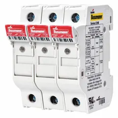 The BUSSMANN CHM4DU is a 4-pole midget fuse block rated for 600 V AC. It features DIN rail mounting and box lug termination. This block is used to safely hold and connect midget fuses in industrial control panels, motor control centers, and distribution boards.