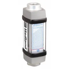 Scale-type, variable area inline flowmeter for measuring flow rate of air and compressed gases. Accuracy +/-2%. Viton O-ring seals. Universal mounting orientation. Measures flow in gallons. No pressure gauge or flow adjustment knob included.