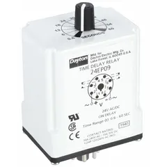 Socket-mounted single-function time delay relay with On Delay operation. Rated 10 A at 24V AC/DC, with 8 pins/terminals. Used in industrial control panels to delay equipment startup after power application, such as in motor starting sequences, conveyor systems, and HVAC controls.