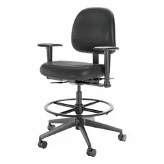 Task chair with a 15-inch urethane back, polyurethane seat, and nylon frame. Features adjustable arms in black and a maximum seat height of 33 inches. Suitable for industrial environments requiring durable seating.