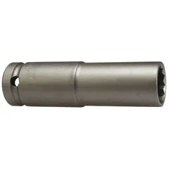 This SAE power socket features a 1/2 in drive and 5/16 in socket size with a 6-point deep design. It is oiled for corrosion resistance and uses friction retention to hold the socket on the tool. Suitable for tightening or loosening SAE fasteners in industrial assembly and maintenance applications.