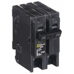 Two-pole plug-in miniature circuit breaker rated 110 A at 120/240V AC, single phase, with a maximum interrupting rating of 10 kA at 120/240V AC. Designed for use with Homeline load centers, it provides overcurrent protection for branch circuits in residential and light commercial applications.