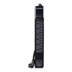 General-purpose surge protector with 6 outlets, 4 ft power cord, 1800 J energy rating, and 15 A current capacity. Complies with UL 1449 safety standard. Keyhole mounting allows secure attachment to walls or desks. Suitable for protecting electronics in offices, home theaters, and workstations.