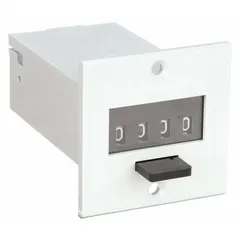 Analog electromechanical counter for front panel mounting. Operates on 115 V AC. Used for counting cycles, events, or production output in industrial machinery and process control systems.