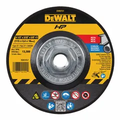 General-purpose cut-off wheel for carbon and stainless steel. Type 27 depressed center design with 24 grit aluminum oxide. Dimensions: 4-1/2" diameter, 3/32" thickness, 5/8"-11 arbor. Suitable for cutting, slotting, and notching in metal fabrication and maintenance applications.