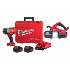 This kit combines an 18 V DC impact wrench and a portable band saw for cutting and fastening tasks. The impact wrench drives and removes bolts, while the band saw cuts metal pipe, conduit, and rebar. Both tools operate on the same 18 V battery platform for job-site portability.