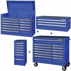 This heavy-duty 34-drawer storage system combines a top chest, intermediate chest, side cabinet, and rolling cabinet. It features a keyed locking system and ball-bearing drawer slides. Overall dimensions are 57 1/2 in W x 19 in D x 82 3/4 in H. Suitable for organizing tools and parts in industrial workshops, garages, and maintenance facilities.