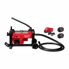 Cordless sectional machine for clearing blockages in pipes up to 8 inches in diameter. Operates on the M18 battery platform and includes a charger. Suitable for residential and commercial drain cleaning applications where portability is required.
