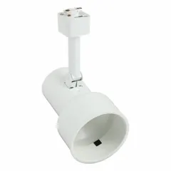 Incandescent step track head rated at 50 W, with a white housing and white baffle. Measures 3 1/2 inches in diameter and 5 1/8 inches in length. Used for directional accent lighting in track systems, where controlled beam spread and glare reduction are required.