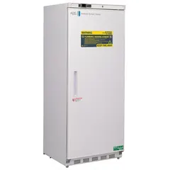 Upright flammable storage refrigerator with 20 cu ft capacity, white swing solid door opening right, and temperature alarm. Maintains 1°C to 10°C range using R-600a refrigerant. Overall depth 29 in. Suitable for storing flammable materials in laboratory environments.