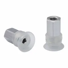 This vacuum pad assembly features a flat profile for fast handling of items. It has an M5 vacuum port and an 11.2 mm pad diameter. The pad is made of food-grade silicone rubber with a 55 A durometer, suitable for hygienic applications such as food processing and packaging.