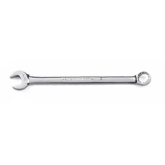 This GEARWRENCH combination wrench features a 12-point box end and open end, with a 1/2 in head size and 8 in overall length. The offset design provides clearance for recessed fasteners. Constructed from alloy steel with a chrome finish, it is suited for tightening and loosening fasteners in mechanical assembly and maintenance tasks.