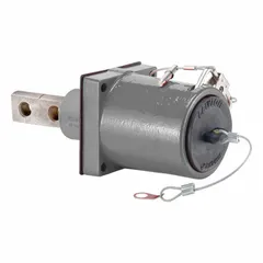Female receptacle from Series 49 with Straight 45° Clevis Pin Mating and Two-Hole Bus Bar Termination. Rated for 1,135 A. Gray finish. Used in industrial power distribution systems for bus bar terminations in switchgear, panelboards, and heavy equipment.