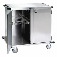 This surgical case cart is constructed of stainless steel with a silver finish. It is equipped with two swivel casters and two swivel casters with brakes for maneuverability and stability. With no drawers, the cart provides open shelf space for transporting surgical instruments and supplies in healthcare settings.