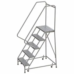 This assembled aluminum ladder features weight-actuated casters that lock under load for stability. The gray perforated design includes handrails. Suitable for elevated access in warehouses, stockrooms, and industrial facilities.