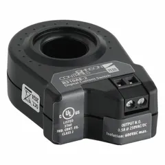 Surface-mounted current sensor relay with bracket mounting, monitoring undercurrent conditions. Fixed trip point at 0.75 A, rated for 200 A continuous current, and operates from 0 to 250V AC/DC. Features an LED status indicator and terminal strip electrical connection. Used to detect undercurrent in motors, pumps, and conveyors to protect against load loss or belt failure.
