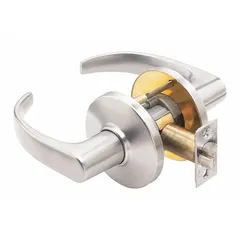This BEST privacy lever lockset features a 9K curved return lever in satin chromium-plated zinc finish. It is ADA compliant and equipped with Large Format Interchangeable Core (LFIC) for key control flexibility. The ANSI F76 function allows push-button locking from the interior, suitable for privacy applications such as bathrooms or bedrooms in commercial facilities.