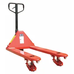 This multidirectional pallet jack from Dayton has a 5500 lb capacity and features fixed steel forks measuring 48 inches long by 27 inches wide, with a 14-inch width between forks. The 27-inch overall fork width allows maneuvering in tight spaces. Suitable for lifting and moving palletized loads in warehouses, distribution centers, and industrial facilities.
