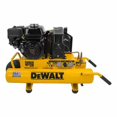 This wheeled portable air compressor is powered by a 5.5 hp Honda gasoline engine with recoil start. It delivers 11 cfm at 90 psi from a single-stage pump. The wheelbarrow-style frame provides mobility for job-site tasks such as powering nail guns, staplers, and inflation tools.