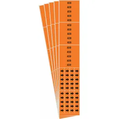 Orange adhesive pipe markers with black legend text reading 'Acid' and directional arrows. Each marker fits pipe outside diameters of 3/4 in and smaller. Pack of 5 markers for identifying acid-carrying pipes in industrial piping systems.