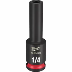 This 3/8" drive impact socket features a 1/4" SAE deep 6-point design with friction retention for secure attachment to impact wrenches. Suitable for fastening and loosening nuts and bolts in automotive, construction, and industrial applications.