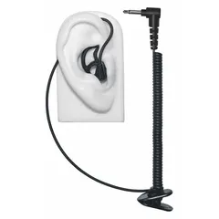 This listen-only earpiece is a wired earbud in black, featuring a 3.5 mm connector for universal radio series compatibility. It does not include push-to-talk functionality, making it suitable for monitoring communications without transmitting. Typical applications include security, event coordination, and industrial settings where personnel receive instructions discreetly.