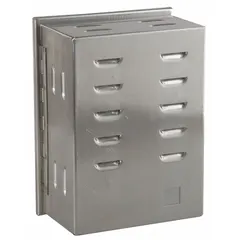 This stainless steel thermostat guard features a hinged cover with lock and key to prevent unauthorized adjustments. The ring base and single-wall construction provide secure mounting and visibility. Inside dimensions are 7-7/8 in H x 5-11/16 in W x 3-3/8 in D; outside dimensions are 8-7/16 in H x 6-1/4 in W x 3-11/16 in D. Suitable for protecting wall-mounted thermostats in commercial and industrial environments.