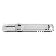 This automatic retracting utility knife features a textured metal body in silver with a quick-change blade mechanism. The stainless steel rounded tip and automatic blade retraction enhance safety during cutting tasks. Suitable for cutting cardboard, plastic strapping, and packaging materials in warehouse and industrial settings.