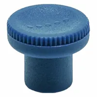 This metal-detectable knurled knob features a blue plastic body with a stainless steel thread insert. It has an M5 thread with a 10 mm thread length and is RAL 5001 blue. Suitable for applications where contamination detection is required, such as in food processing or pharmaceutical machinery
