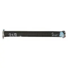 This steel torsion spring features a left-hand wind direction and closed drawbar ends. With a wire diameter of 0.218 in, outside diameter of 2 7/16 in, and a deflection angle of 180°, it is used in counterbalance systems for overhead doors.