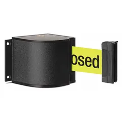 Wall-mount retractable belt barrier with a 24 ft yellow belt and black frame. Features black restricted access messaging. Designed for pedestrian flow management and access control in commercial and industrial settings.