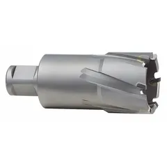 Carbide-tipped annular cutter with 1 9/16 in diameter and 2 in max cutting depth. Bright finish, Weldon Flat shank. For cutting holes in structural steel and stainless steel in metal fabrication and construction.