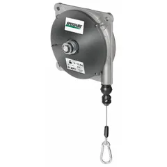 This die cast aluminum tool balancer has a fixed 8 ft cable and supports tools weighing 9 to 13 lb. It is used to suspend and counterbalance handheld tools, reducing operator fatigue in assembly, manufacturing, and maintenance workstations.