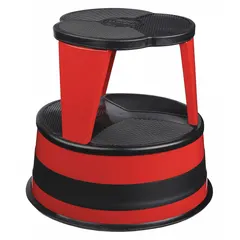 This round rolling step stool from CRAMER is constructed of steel with a red finish. It features two steps, a 14.3-inch standing height, and a 350 lb load capacity. Slip-resistant plastic feet provide stability on various surfaces. Suitable for industrial and commercial settings where a stable, mobile platform is needed for elevated tasks.
