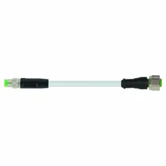 This cordset features an M8 male straight connector on one end and an M12 female right-angle connector on the other, with a 5 m gray PVC cable and 24 AWG wire. Rated IP68, it is suitable for connecting sensors and actuators in industrial environments where exposure to moisture or dust is a concern.