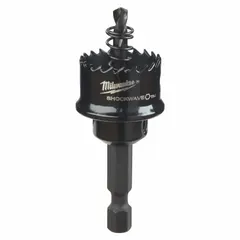 This bi-metal hole saw with attached arbor is designed for cutting sheet metal. With 8 teeth per inch and a maximum cutting depth of 1/8 inch, it is suitable for creating holes in metal panels and ductwork in fabrication and maintenance tasks.
