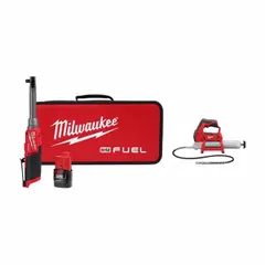 This combination kit includes an M12 cordless grease gun and ratchet, both powered by a shared 12V battery platform. The grease gun delivers high-pressure lubrication for bearings and joints, while the ratchet provides cordless fastening in confined spaces. Suitable for automotive, industrial, and equipment maintenance tasks requiring precise lubrication and fastening.