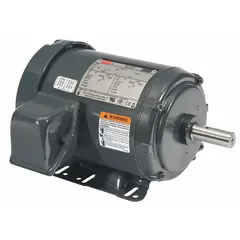 Totally enclosed fan cooled (TEFC) 3-phase AC motor with rigid base mount. Rated 1 hp, 1755 RPM at 60 Hz, full load current 3.8/1.9 A at 208-230/460V AC. Suitable for industrial applications such as pumps, fans, conveyors, and compressors requiring continuous operation in dusty or damp environments.