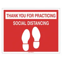 This 14 in x 18 in vinyl floor sign features a red background and displays a 'Thank You' message to encourage social distancing. It is not retroreflective and is intended for floor placement in industrial facilities to promote safe spacing in high-traffic areas