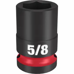 This 1/2" drive impact socket features a 5/8" SAE 6-point standard configuration with friction retention. Designed for use with impact wrenches in automotive, industrial, and maintenance applications. Black phosphate finish provides corrosion resistance.