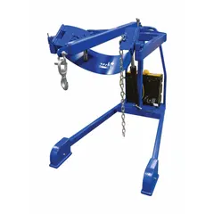 Hydraulic drum dispensing stacker for vertical handling of 55-gallon metal drums. Steel housing with casters for portability, chain drum securing mechanism, and 12V DC power cord operation with included batteries. Provides 800 lb weight capacity and 59.69 in vertical lift.