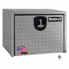 Single drop-down door box in silver finish with keyed lock. Designed for underbody mounting on trucks to provide secure, organized storage for tools and equipment. Suitable for service trucks, fleet vehicles, and industrial maintenance applications.