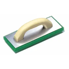 Tile float with a square foam plastic blade and a plastic handle. Used for applying and smoothing texture coatings on walls and ceilings, as well as for drywall finishing and decorative texture work in construction and renovation.