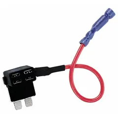 Non-rejection block style, 1-pole in-line fuse holder rated for 12 V DC. Accepts BUSSMANN 297 series fuses. Used to protect automotive and low-voltage DC circuits from overcurrent in vehicles, marine equipment, and similar applications.