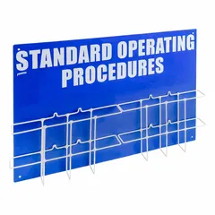 Wall-mount safety station for organizing and displaying procedures, lockout/tagout documents, or emergency instructions. Overall dimensions: 20 in height, 29 in width, 4 3/4 in depth. Mounting hardware included.