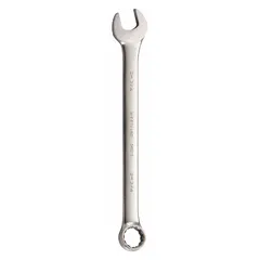 Alloy steel construction with satin finish. Offset design with 12-point box end and open end. 2 3/4 in head size, 28 1/8 in overall length. Used for tightening or loosening large fasteners in industrial maintenance, automotive repair, and heavy equipment assembly.
