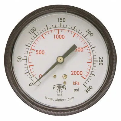WINTERS Panel-Mount Pressure Gauge: U-Clamp, 0 psi to 300 psi, 3 1/2 in Dial, 1/4 in NPT Male - U-Clamp Panel-Mount with Brass/Bronze Wetted Parts