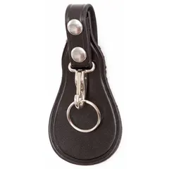 Black leather key holder and pouch designed for carrying and organizing keys. Constructed from leather with a black finish. Suitable for use by security personnel, facility managers, and maintenance technicians.