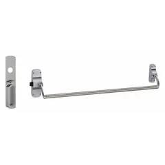 This rim-type exit device features a crossbar push bar and a night latch outside trim, finished in chrome. Designed for doors up to 44 inches wide, it is ADA compliant for accessible egress. Suitable for commercial applications requiring code-compliant panic hardware.