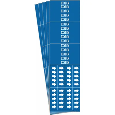 BRADY Pipe Marker: Oxygen, Blue, White, Fits 3/4 in and Smaller Pipe O.D., 3 Pipe Markers - Oxygen Adhesive Pipe Markers